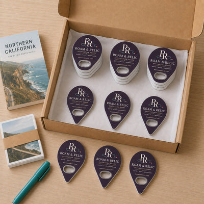 Destination Gift Shop custom logo bottle opener magnet - bulk order laid out before packing