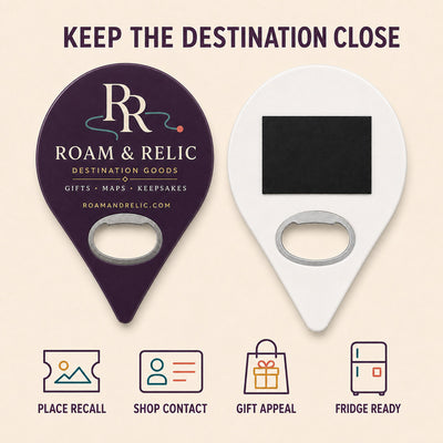 Destination Gift Shop custom logo bottle opener magnet - front and back of the opener magnet