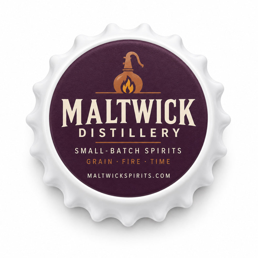 Distillery Logo custom logo bottle opener magnet - front view of the printed promotional magnet
