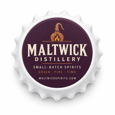 Distillery Logo custom logo bottle opener magnet - front view of the printed promotional magnet