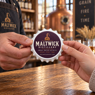 Distillery Logo custom logo bottle opener magnet - handed to a customer