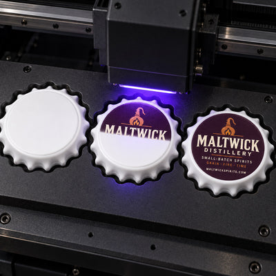 Distillery Logo custom logo bottle opener magnet - close-up of the UV printed logo