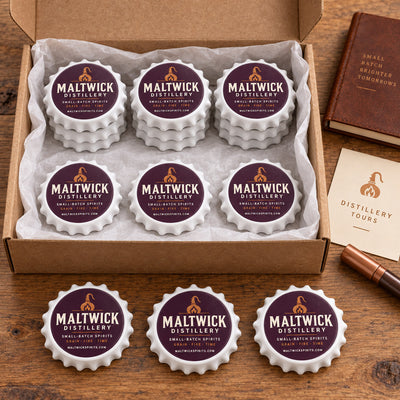 Distillery Logo custom logo bottle opener magnet - bulk order laid out before packing