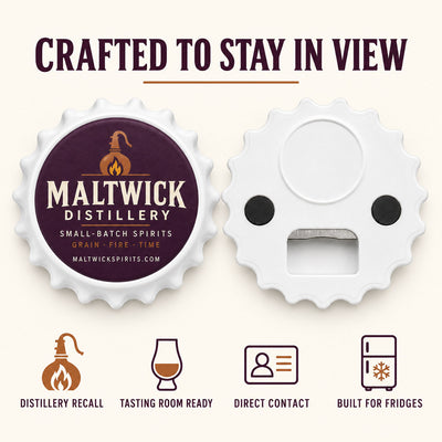 Distillery Logo custom logo bottle opener magnet - front and back of the opener magnet