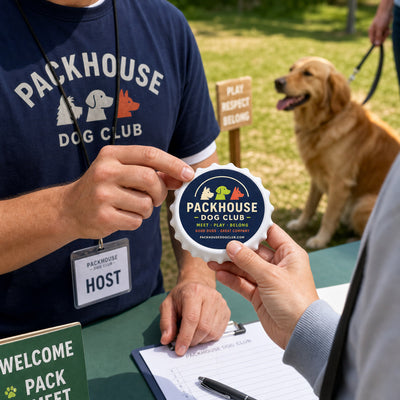 Dog Club custom logo bottle opener magnet - handed to a customer
