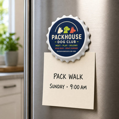 Dog Club custom logo bottle opener magnet - kept on a refrigerator door as a reminder