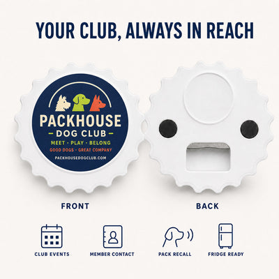 Dog Club custom logo bottle opener magnet - front and back of the opener magnet