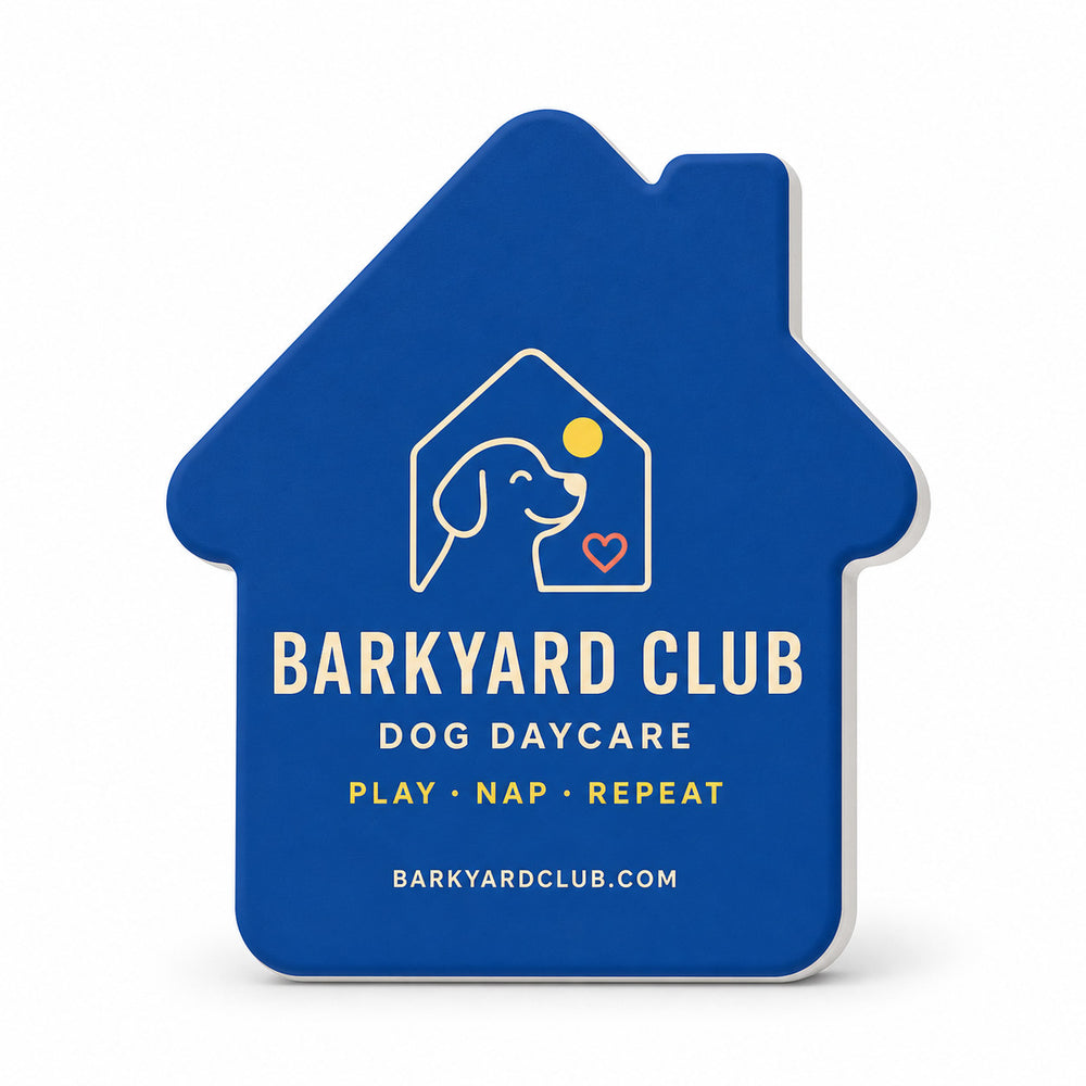 Dog Daycare custom logo bottle opener magnet - front view of the printed promotional magnet