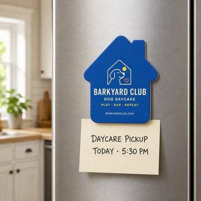 Dog Daycare custom logo bottle opener magnet - kept on a refrigerator door as a reminder