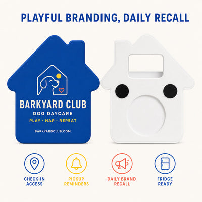 Dog Daycare custom logo bottle opener magnet - front and back of the opener magnet