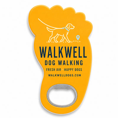 Dog Walker custom logo bottle opener magnet - front view of the printed promotional magnet