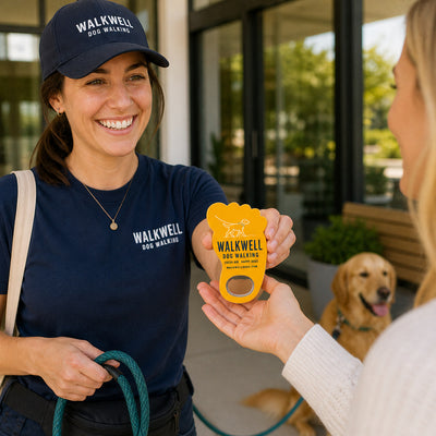 Dog Walker custom logo bottle opener magnet - handed to a customer