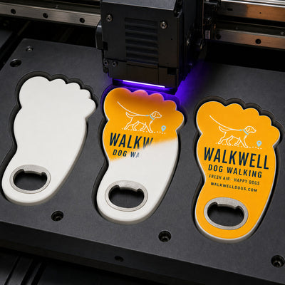 Dog Walker custom logo bottle opener magnet - close-up of the UV printed logo