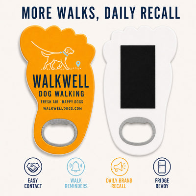 Dog Walker custom logo bottle opener magnet - front and back of the opener magnet