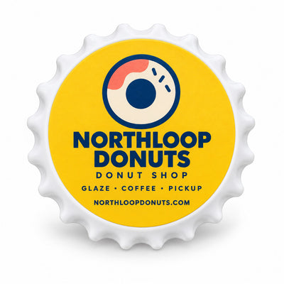 Donut Shop custom logo bottle opener magnet - front view of the printed promotional magnet