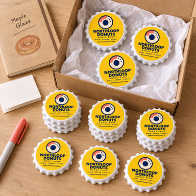 Donut Shop custom logo bottle opener magnet - bulk order laid out before packing