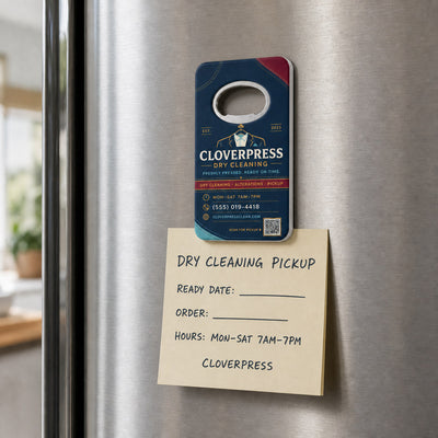 Dry Cleaner custom logo bottle opener magnet - held on a refrigerator door by its magnetic back
