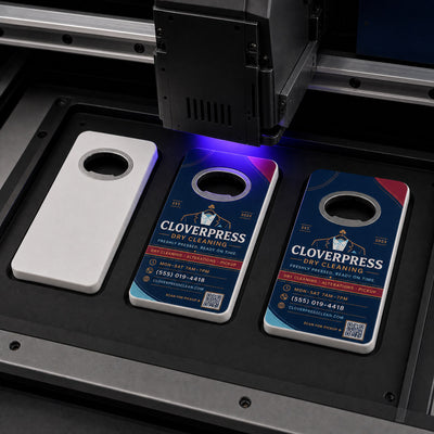 Dry Cleaner custom logo bottle opener magnet - close-up of the UV printed logo