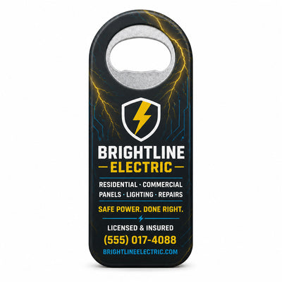 Electrician Logo custom logo bottle opener magnet - front view of the printed promotional magnet
