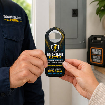 Electrician Logo custom logo bottle opener magnet - handed to a customer after a service call