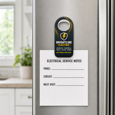 Electrician Logo custom logo bottle opener magnet - held on a refrigerator door by its magnetic back