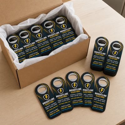 Electrician Logo custom logo bottle opener magnet - bulk order laid out before packing