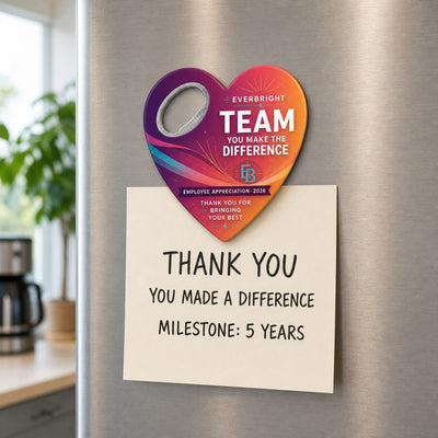 Employee Appreciation custom logo bottle opener magnet - held on a refrigerator door by its magnetic back