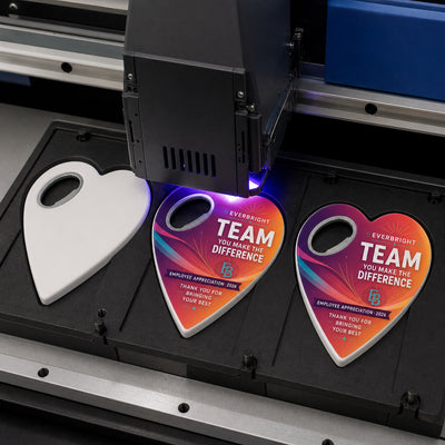 Employee Appreciation custom logo bottle opener magnet - close-up of the UV printed logo