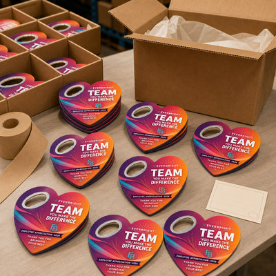 Employee Appreciation custom logo bottle opener magnet - bulk order laid out before packing
