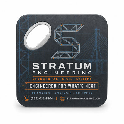 Engineering Company custom logo bottle opener magnet - front view of the printed promotional magnet