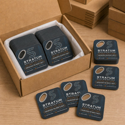 Engineering Company custom logo bottle opener magnet - bulk order laid out before packing