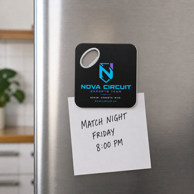 Esports Team custom logo bottle opener magnet - held on a refrigerator door by its magnetic back