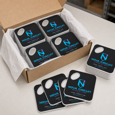 Esports Team custom logo bottle opener magnet - bulk order laid out before packing