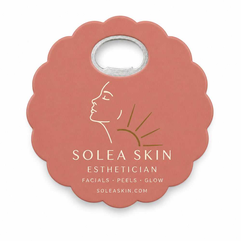 Esthetician custom logo bottle opener magnet - front view of the printed promotional magnet