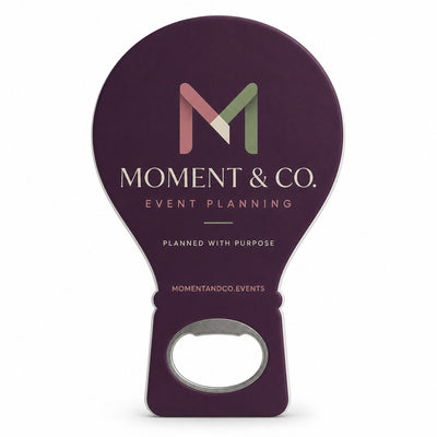 Event Planner custom logo bottle opener magnet - front view of the printed promotional magnet