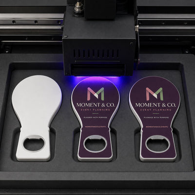Event Planner custom logo bottle opener magnet - close-up of the UV printed logo