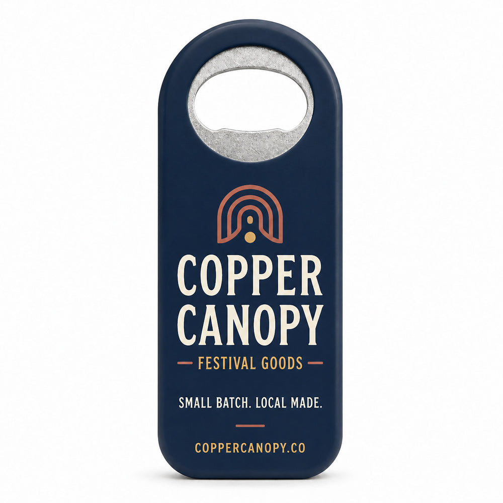 Festival Vendor custom logo bottle opener magnet - front view of the printed promotional magnet