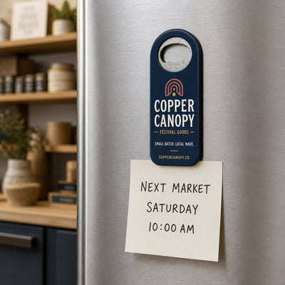 Festival Vendor custom logo bottle opener magnet - held on a refrigerator door by its magnetic back