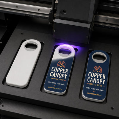 Festival Vendor custom logo bottle opener magnet - close-up of the UV printed logo