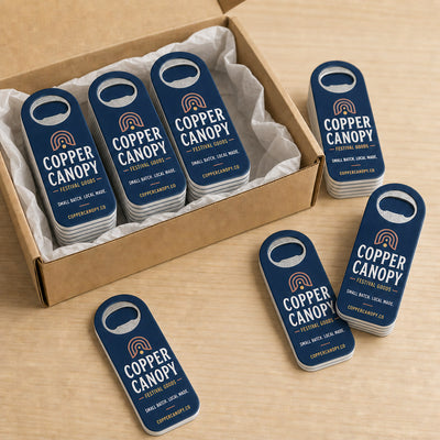 Festival Vendor custom logo bottle opener magnet - bulk order laid out before packing