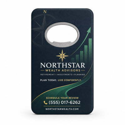 Financial Advisor Promotional custom logo bottle opener magnet - front view of the printed promotional magnet
