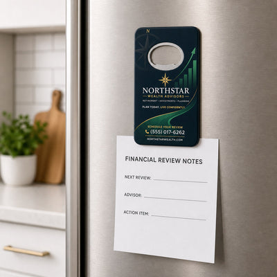 Financial Advisor Promotional custom logo bottle opener magnet - held on a refrigerator door by its magnetic back