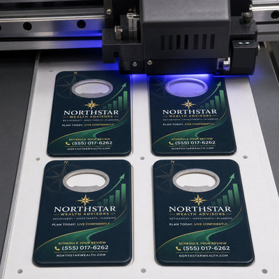 Financial Advisor Promotional custom logo bottle opener magnet - close-up of the UV printed logo