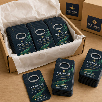 Financial Advisor Promotional custom logo bottle opener magnet - bulk order laid out before packing