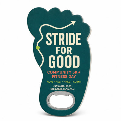 Fitness Event custom logo bottle opener magnet - front view of the printed promotional magnet