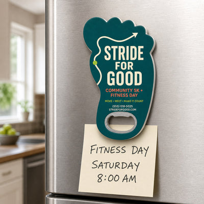 Fitness Event custom logo bottle opener magnet - held on a refrigerator door by its magnetic back