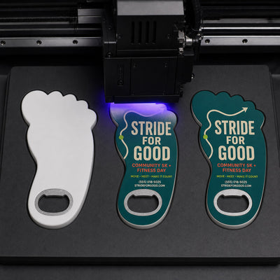 Fitness Event custom logo bottle opener magnet - close-up of the UV printed logo