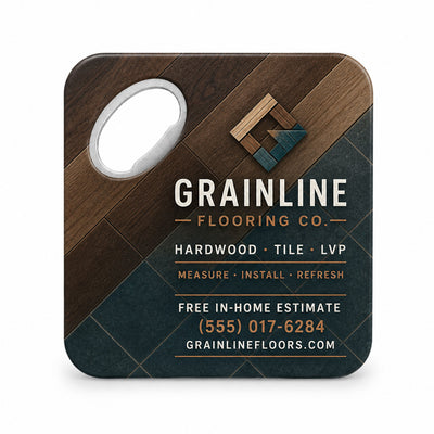 Flooring Company custom logo bottle opener magnet - front view of the printed promotional magnet
