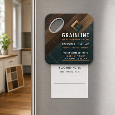 Flooring Company custom logo bottle opener magnet - held on a refrigerator door by its magnetic back