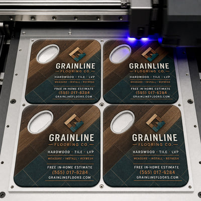 Flooring Company custom logo bottle opener magnet - close-up of the UV printed logo